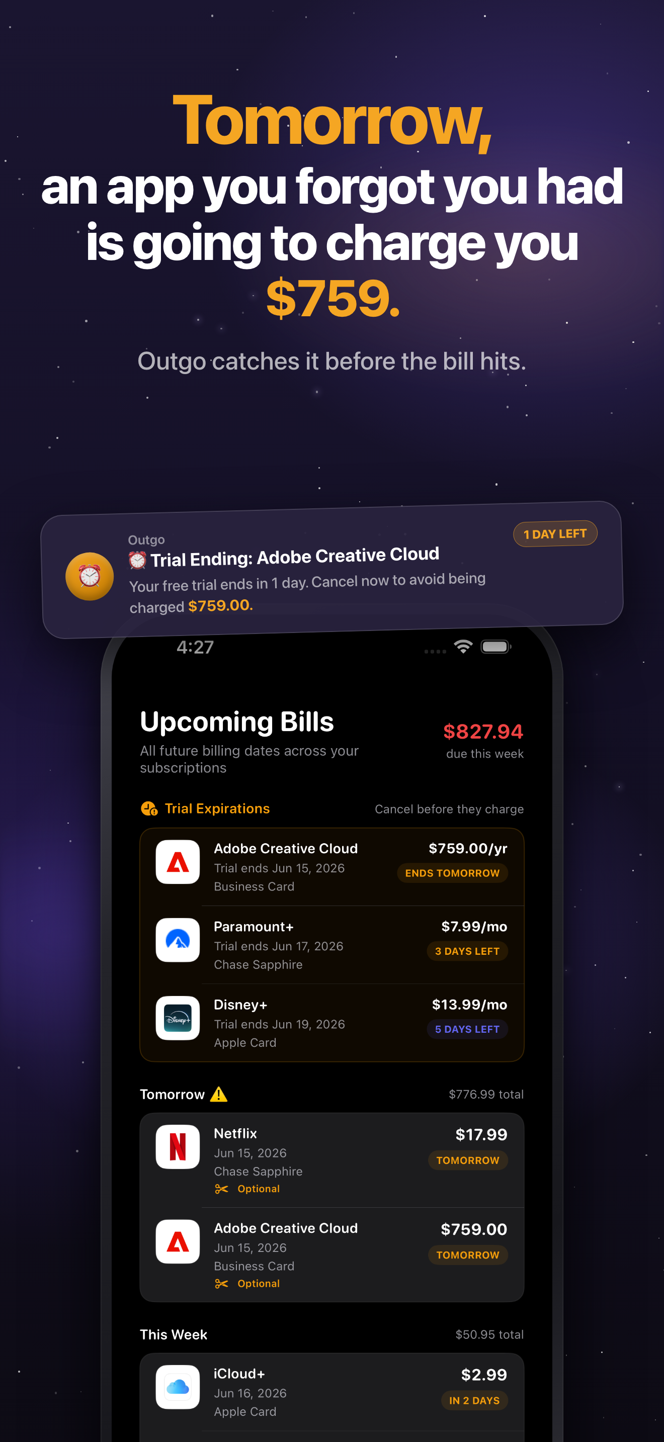 Outgo App Store screenshot: Trial reminder before an annual charge.