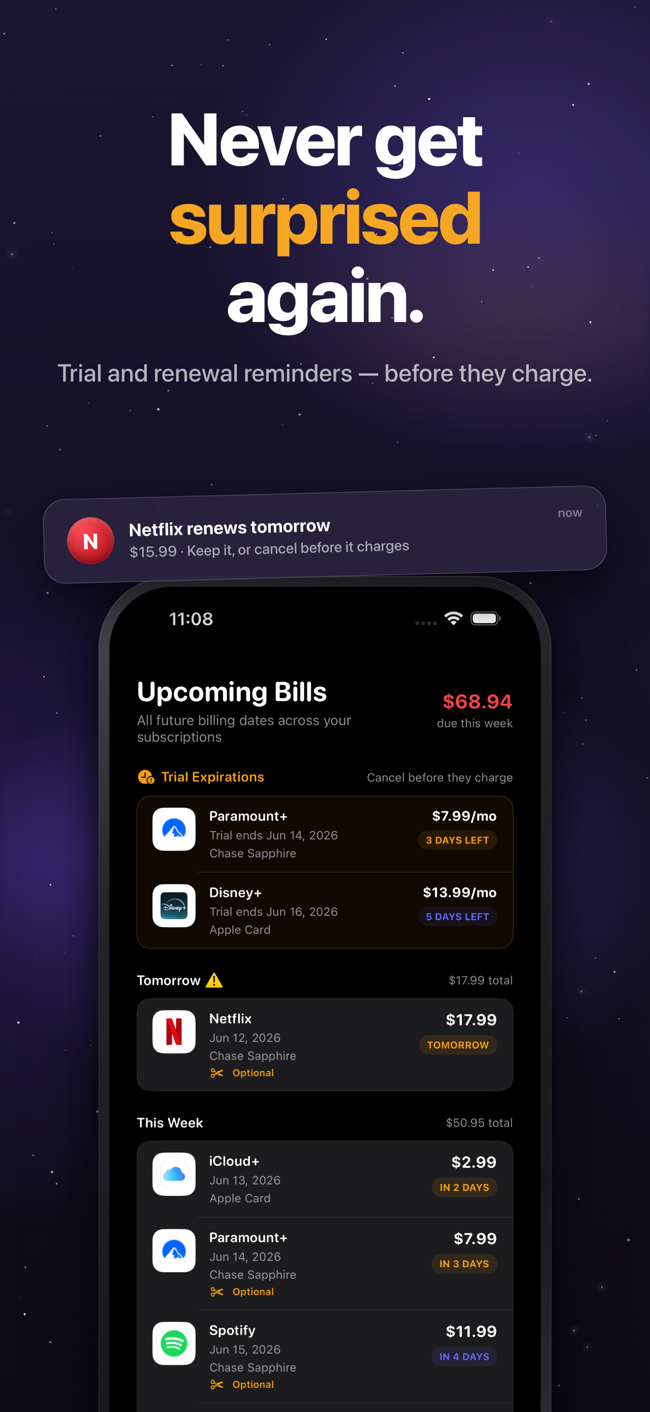 Outgo App Store screenshot: Never get surprised again.