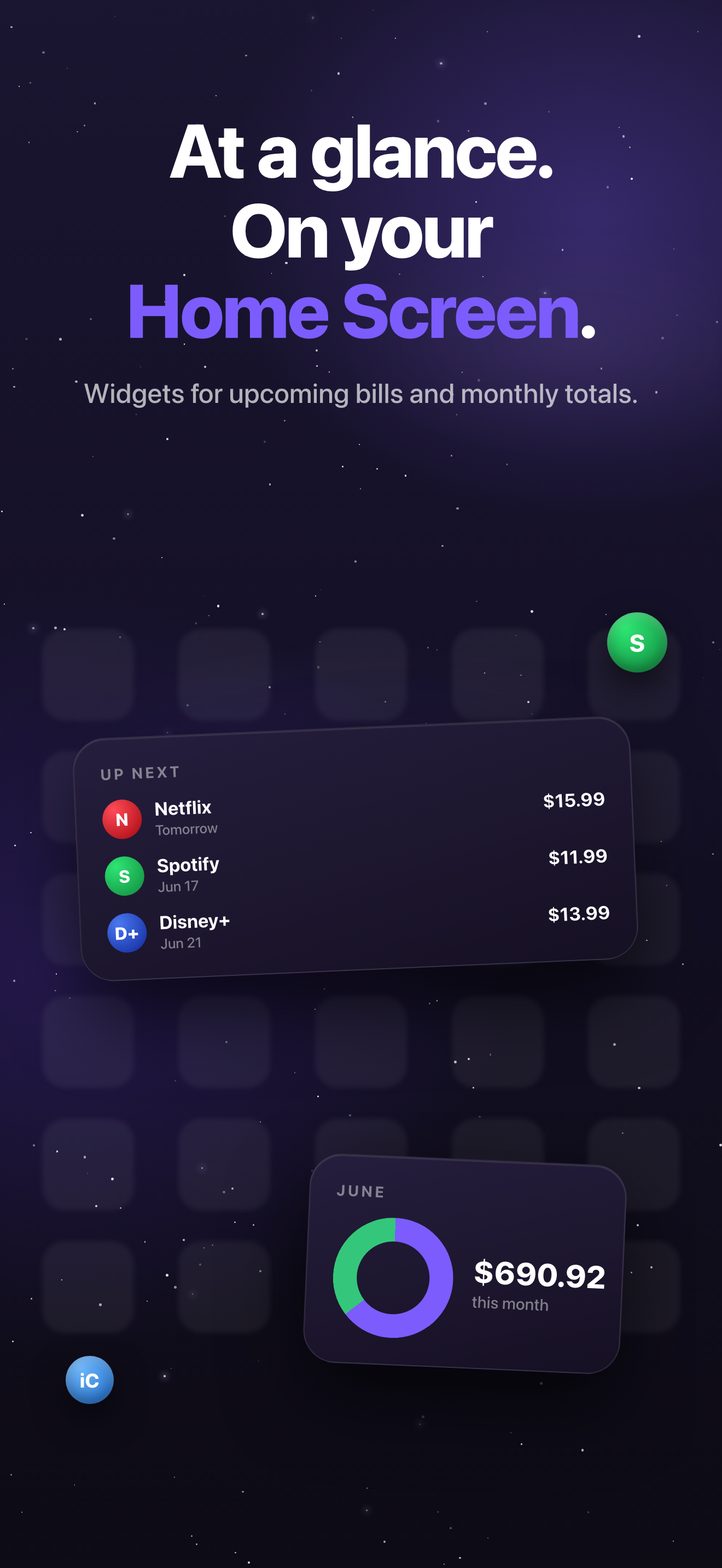 Outgo App Store screenshot: Home Screen widgets.