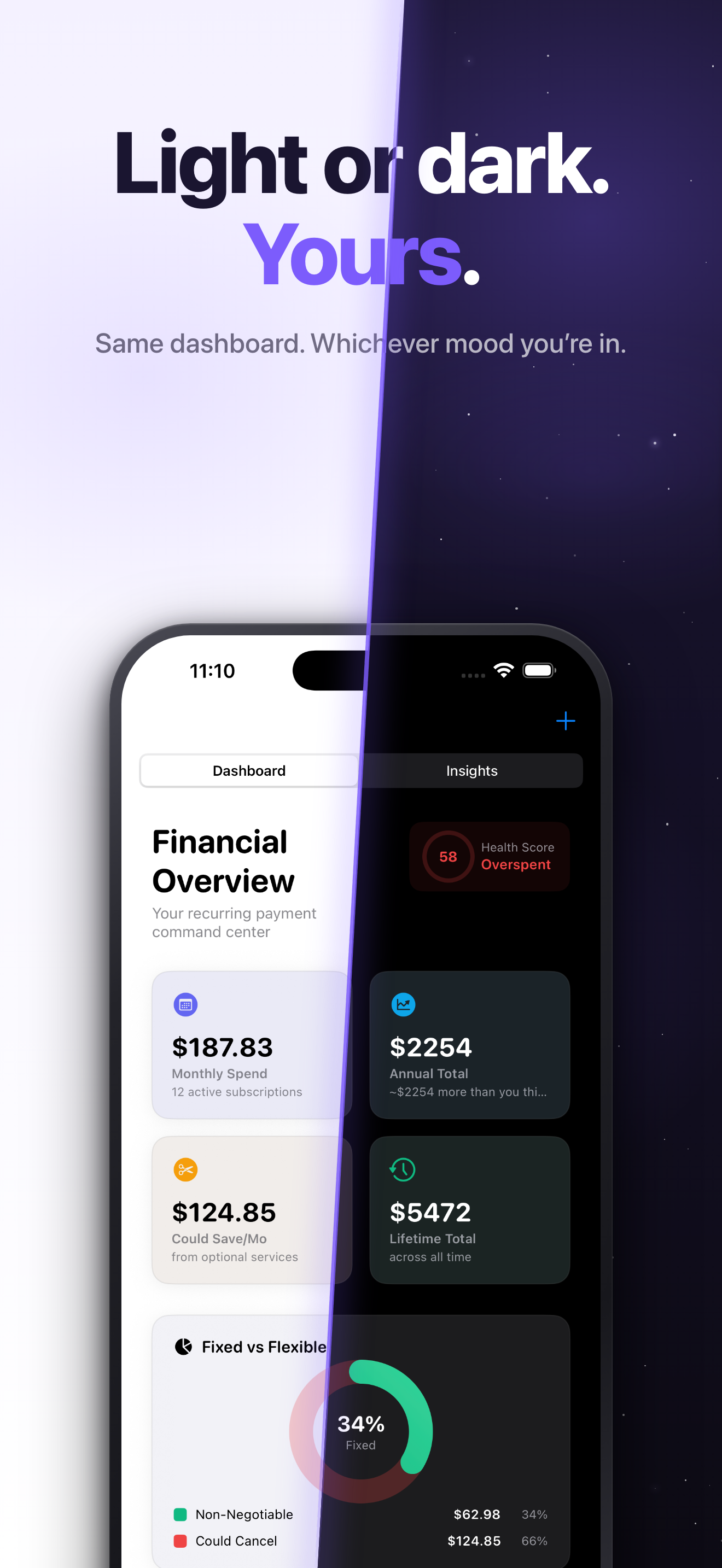 Outgo App Store screenshot: Light and dark mode.