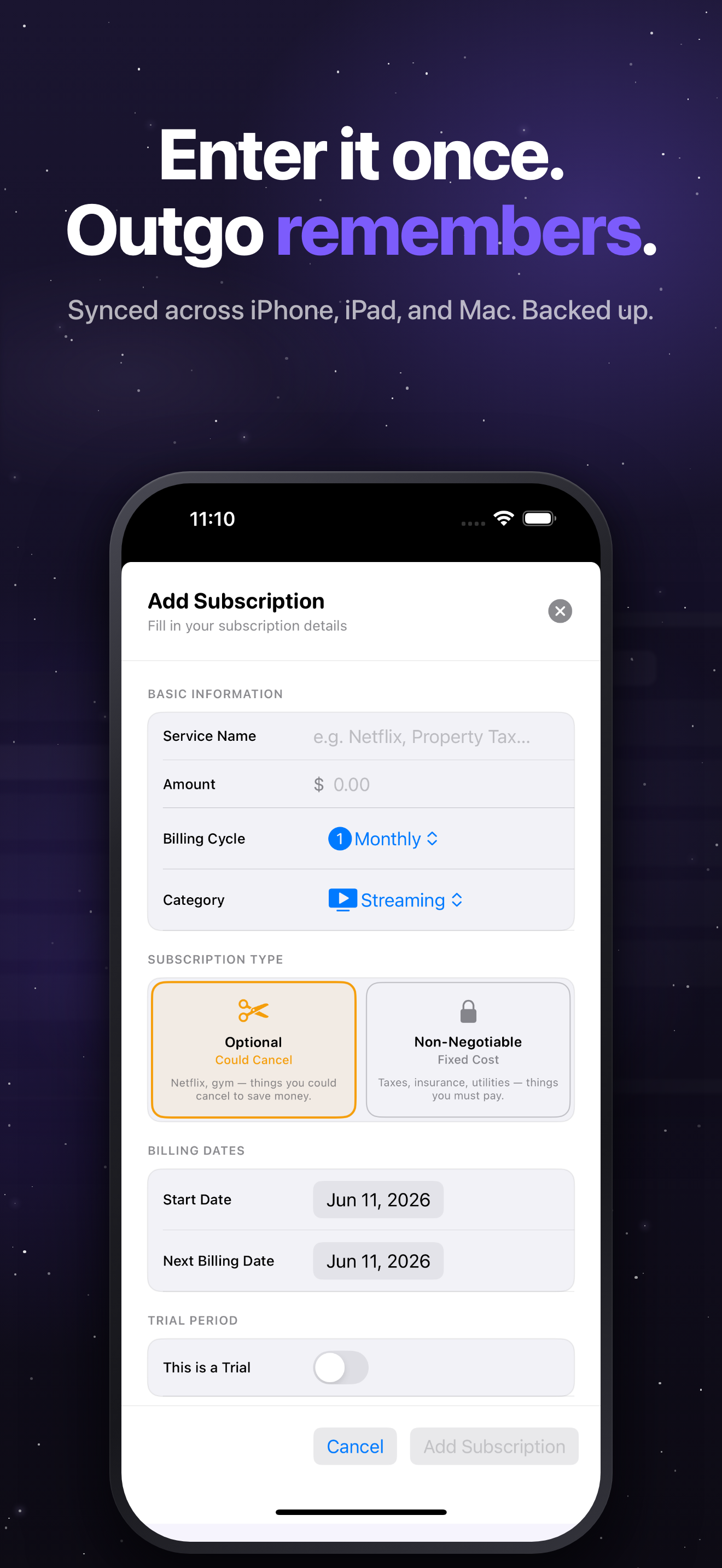 Outgo App Store screenshot: Enter it once, Outgo remembers.