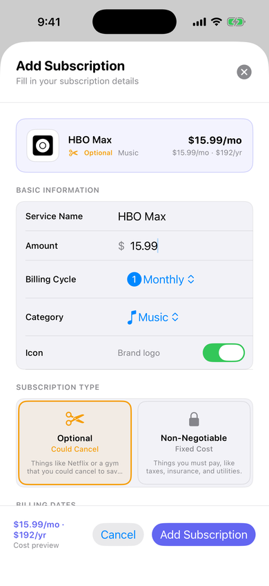 Outgo add subscription form with name, amount, billing cycle, category, and a live monthly and yearly cost preview.