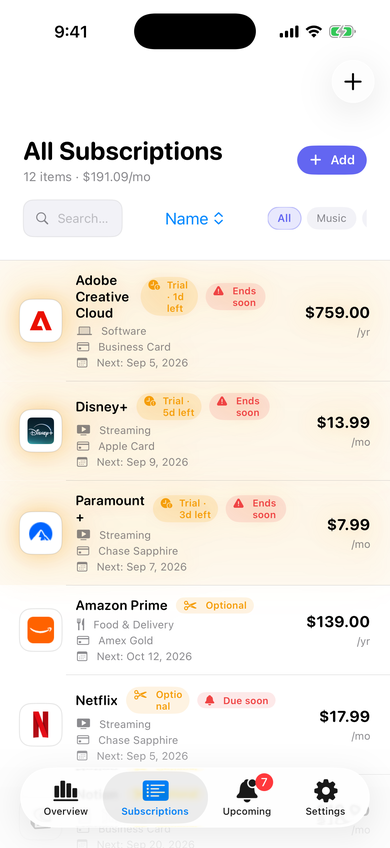 Outgo subscription list with search, sort, and category filters, each item showing a monthly and annual amount.